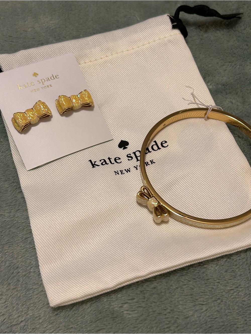 Kate Spade Gold and Yellow Bow Stud Earrings and Matching Bangle Bracelet NWT